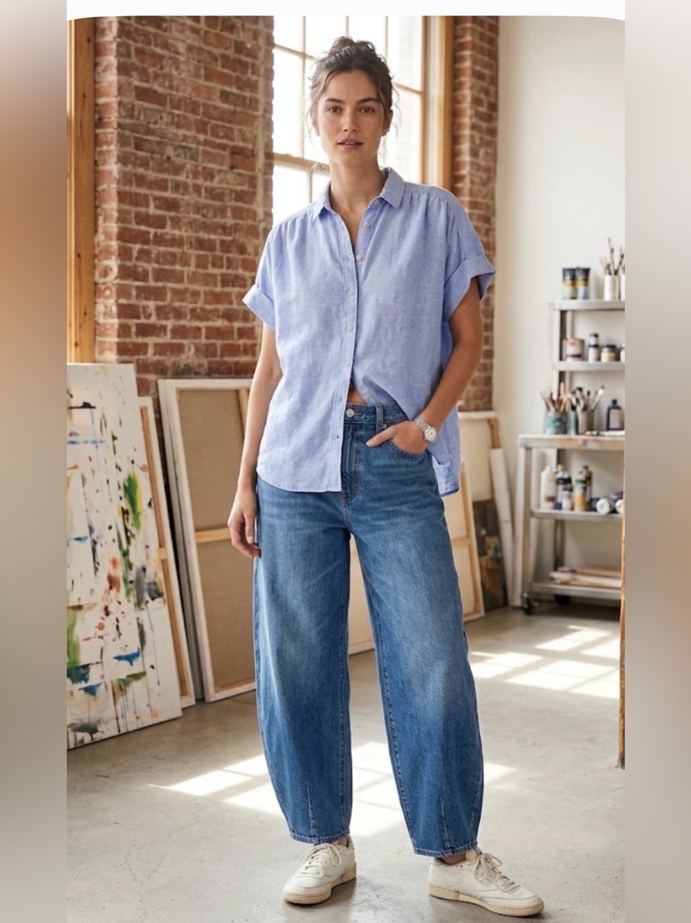 J.Crew 100% Linen Short Sleeve Button Up Top Size S Light Blue Relaxed